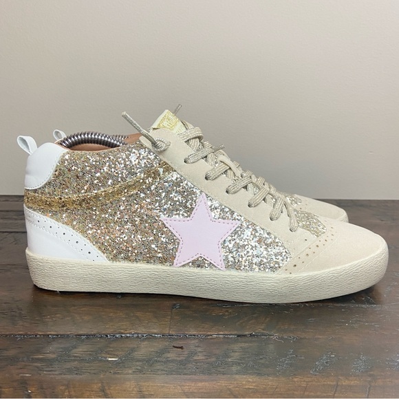Mi.iM DAISY LACE-UP GOLD GLITTER SUEDE MID STAR SNEAKERS PINK STAR SIZE 9 - Picture 1 of 12